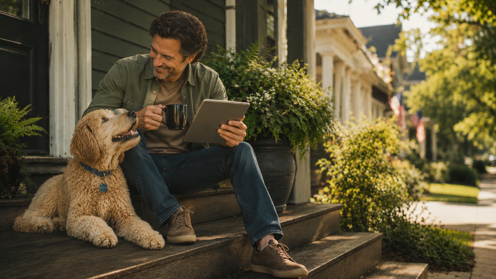 An owner sits on a sunny front-porch step with a coffee and tablet while their dog rests beside them.