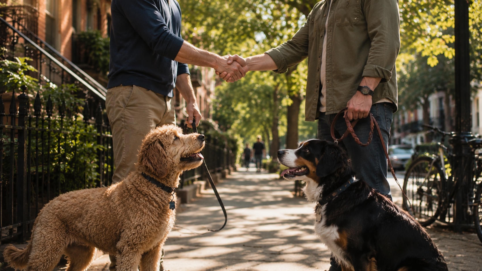 Two dog owners shake hands on a tree-lined sidewalk, each with their dog sitting beside them.