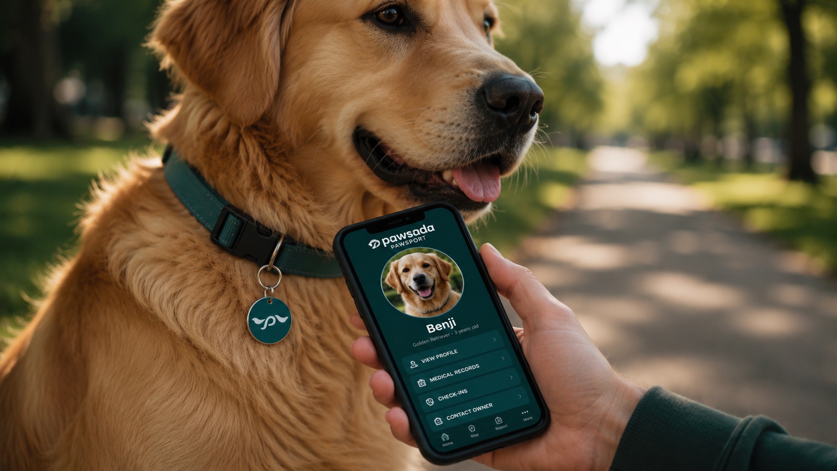 A hand holds a phone up to the small tag on a dog's collar in a park, opening the dog's profile.