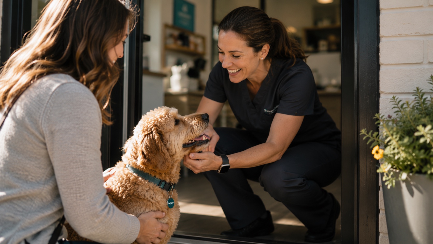 A veterinarian in scrubs kneels in a doorway to warmly greet a dog and its owner.
