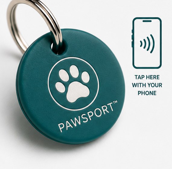 PAWSPORT NFC tag on a keyring — tap with your phone