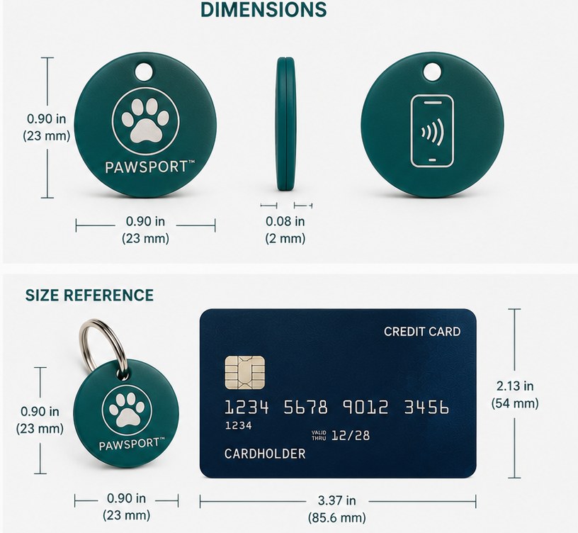 PAWSPORT tag dimensions and size compared to a credit card